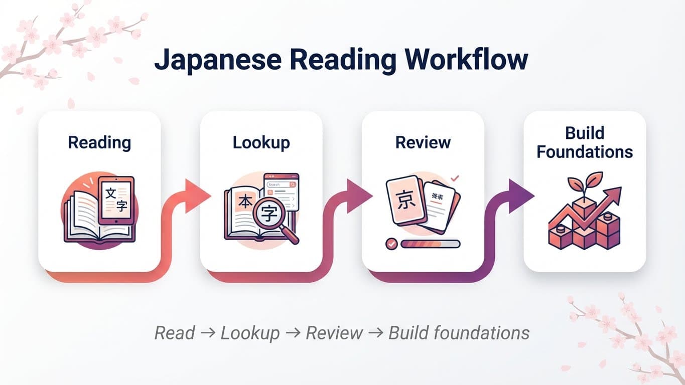 Flowchart showing Japanese reading workflow with five tools