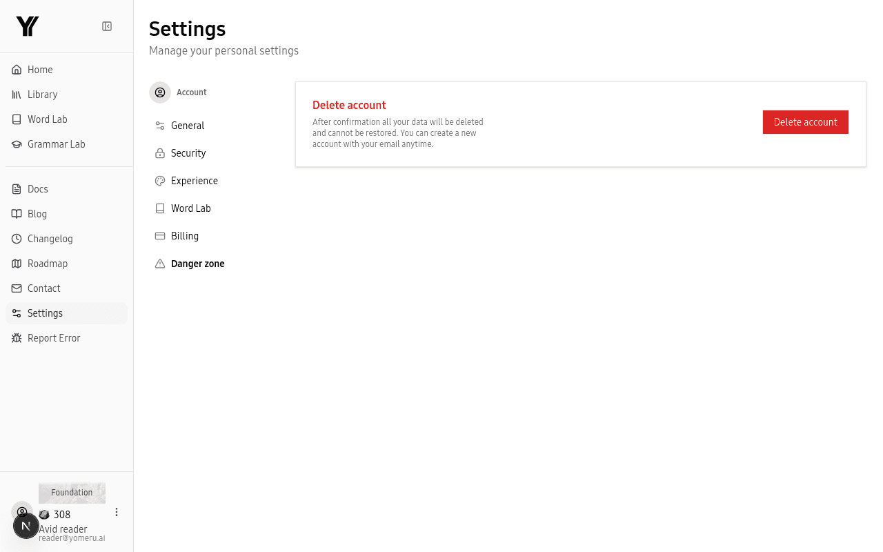 Danger Zone settings page with the Delete Account button