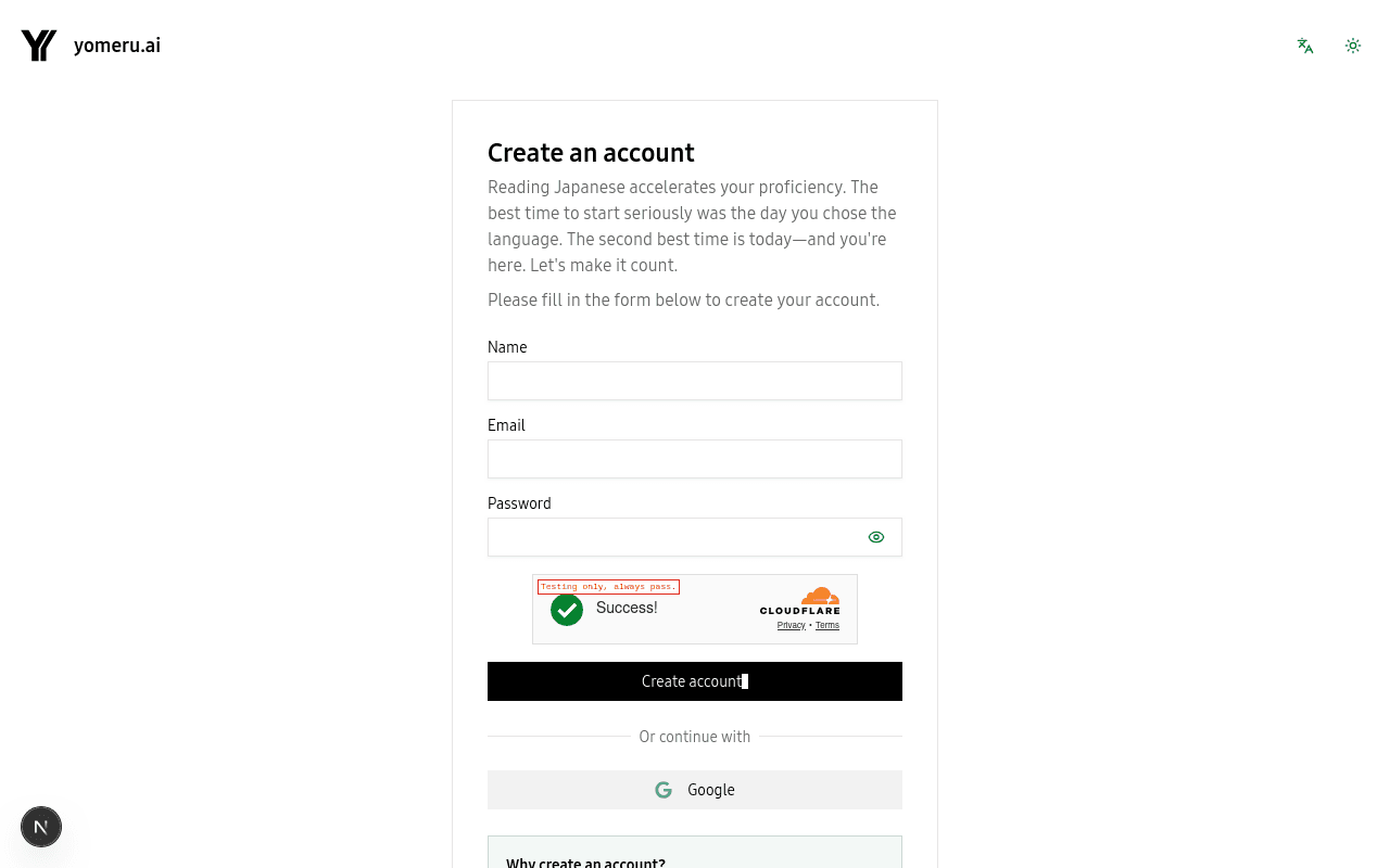 Sign-up page showing email, magic link, and Google authentication options