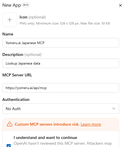 ChatGPT Custom MCP New App dialog